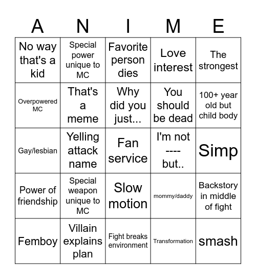 Anime bingo action Bingo Card