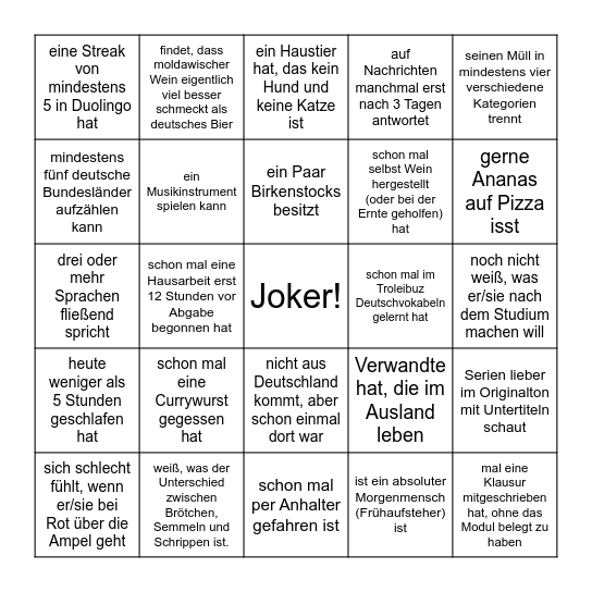 Finde jemanden, der... Bingo Card