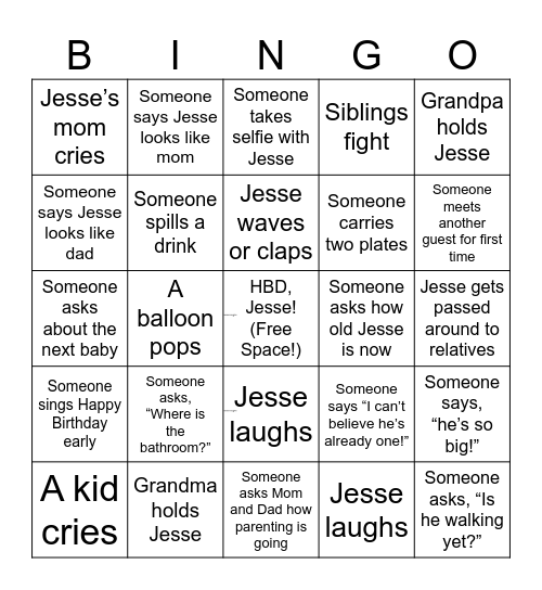 Jesse's 1st Birthday Bingo! Bingo Card