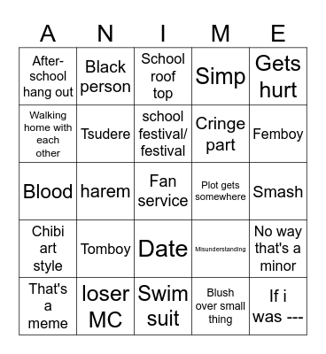 Anime slice of life bingo Card