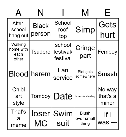 Anime slice of life bingo Card