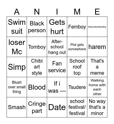 Anime slice of life bingo Card