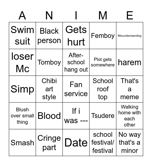 Anime slice of life bingo Card