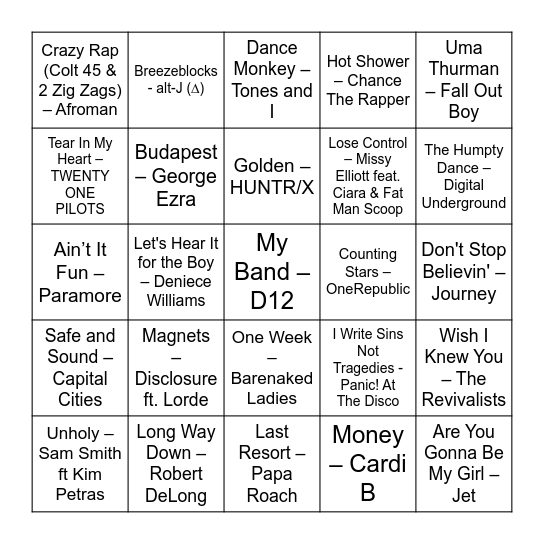 Bri's 2.0 Birthday Playlist Bingo Card