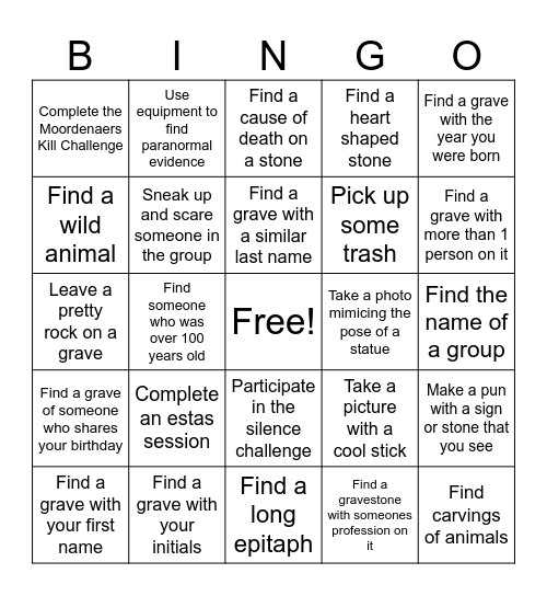 Ghost Hunt Bingo Card