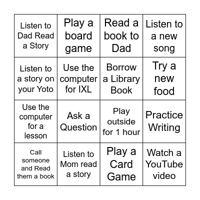Weekly Challenge Bingo Card
