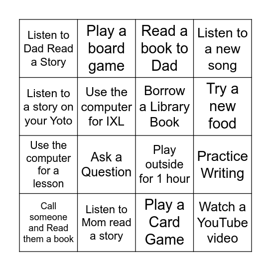 Weekly Challenge Bingo Card