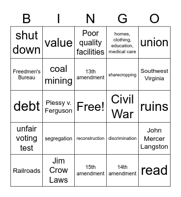 Reconstruction in Virginia Bingo Card