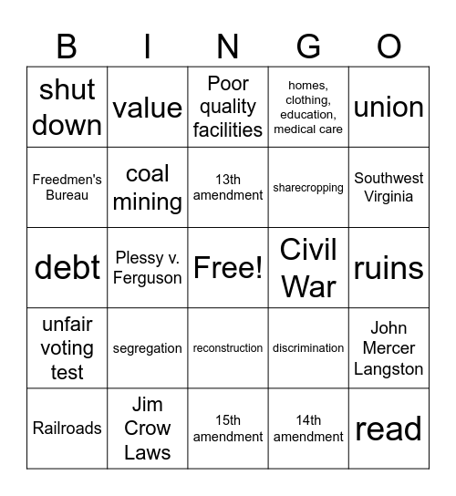 Reconstruction in Virginia Bingo Card