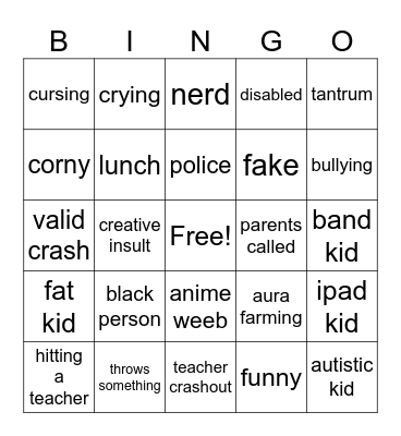 school crashout bingo Card