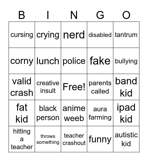 school crashout bingo Card