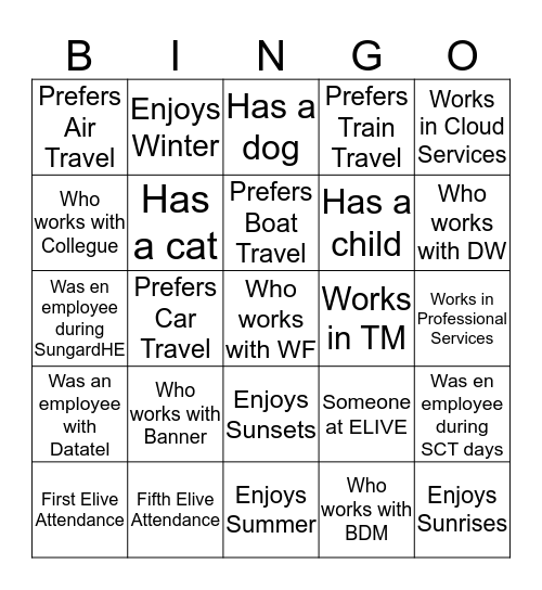 Traveling Consultant Users Group BINGO Card