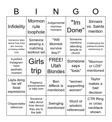Secret Lives of Mormon Wives Bingo Card