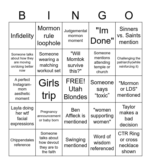 Secret Lives of Mormon Wives Bingo Card