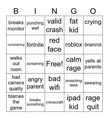 Kids Gamer Rage Bingo Card