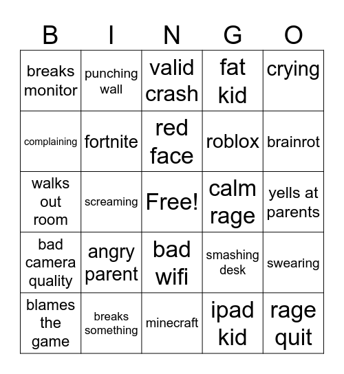 Kids Gamer Rage Bingo Card
