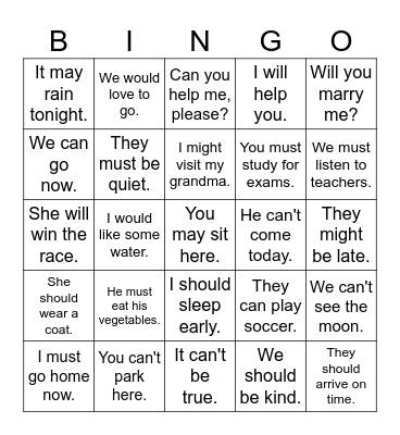 Modal Verbs Bingo Card