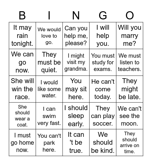 Modal Verbs Bingo Card