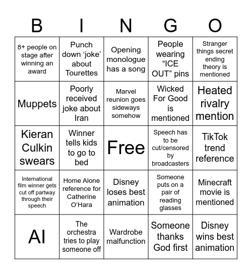 OSCARS 2026 Bingo Card