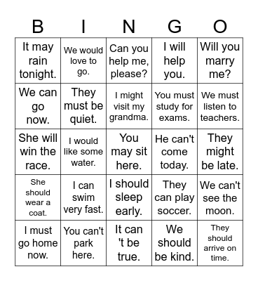 Modal Verbs Bingo Card