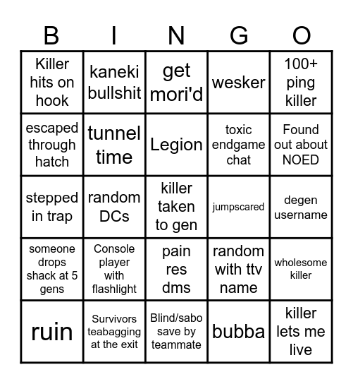 DBD Survivor bingo Card