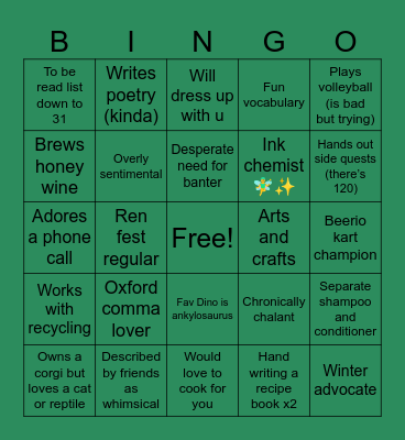 Things about me Bingo Card