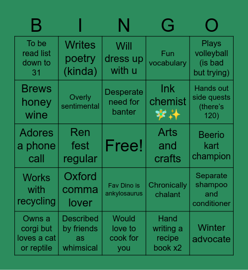 Things about me Bingo Card