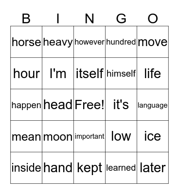 Sight Word Orange Bingo Card