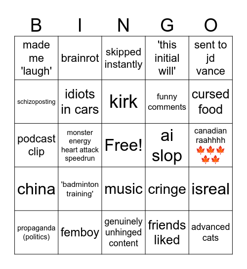 reels slop Bingo Card