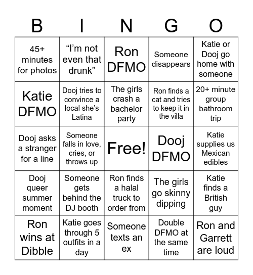 FOTY Girls Tulum Bingo Card