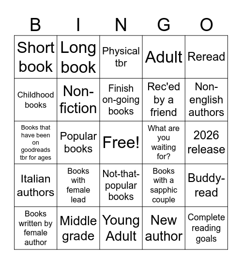 reading bingo Card