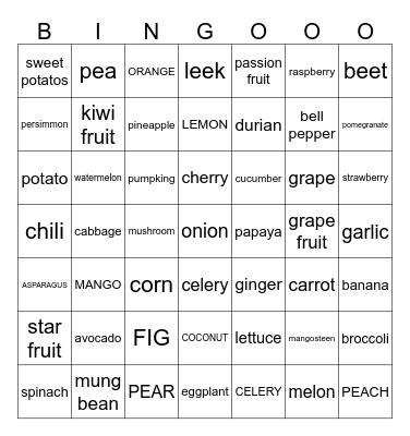FRUITS AND VEGETABLES Bingo Card