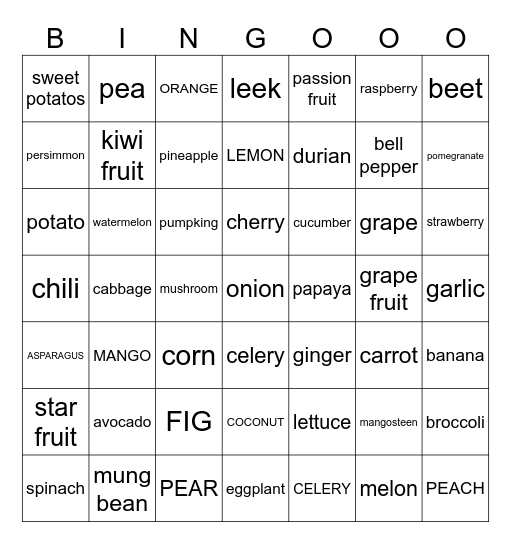 FRUITS AND VEGETABLES Bingo Card