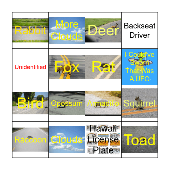 Roadkill Bingo Card