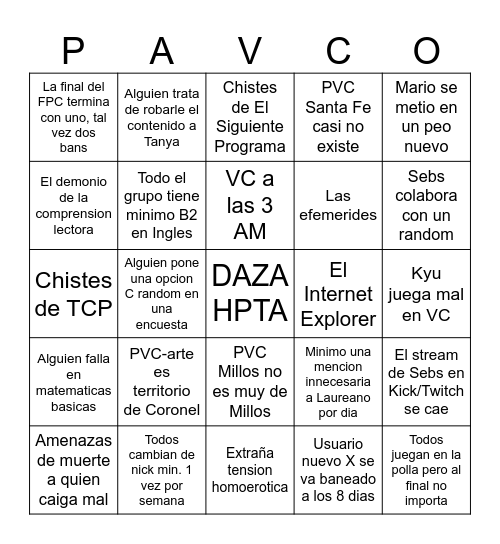 Pavcommunity Bingo Card