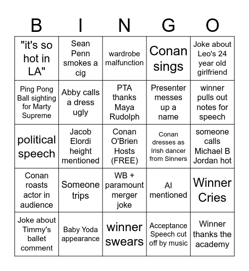 Oscars BINGO Card