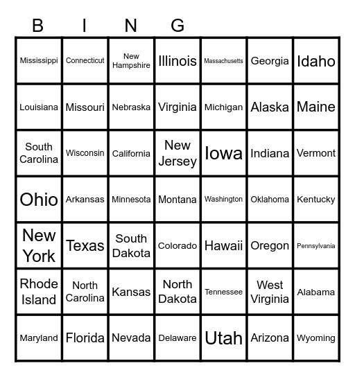 US State Bingo Card