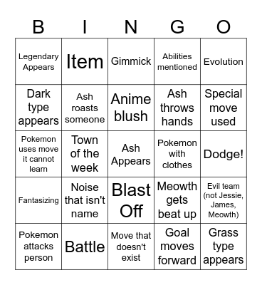 Pokemon Anime Bingo Card