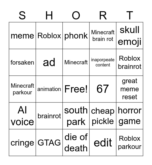 YT shorts bingo Card