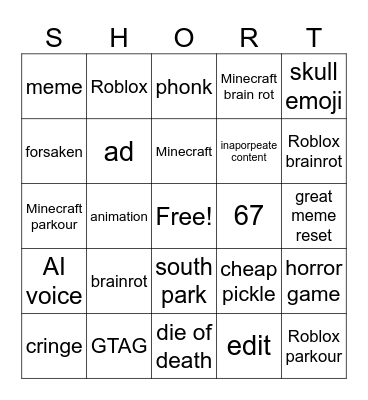 YT shorts bingo Card