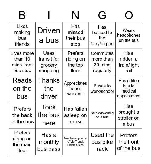 Transit Bingo Card