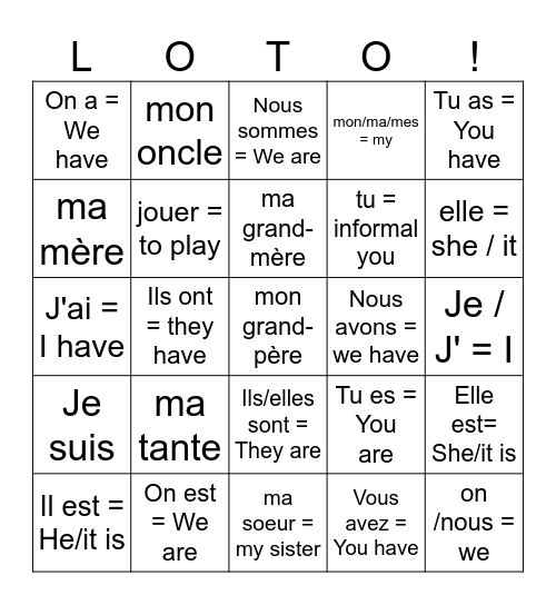 La famille avoir and être 2026 Bingo Card