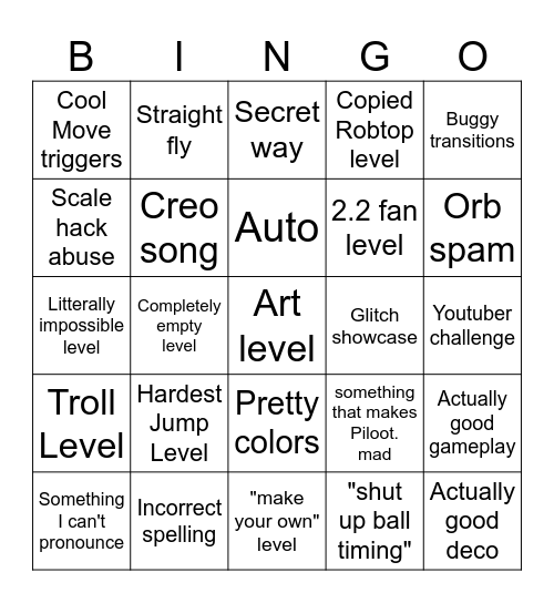 Recent Tab Bingo (Geometry Dash Piloot.) Bingo Card