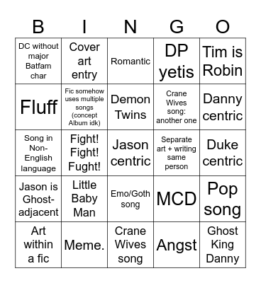 WCT songfic Bingo Card