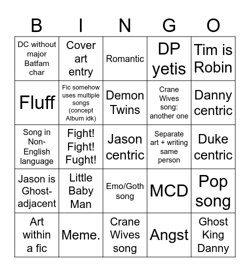 WCT songfic Bingo Card