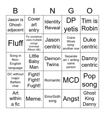WCT songfic Bingo Card