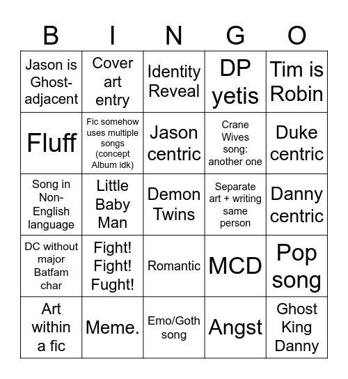 WCT songfic Bingo Card