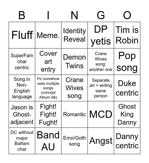 WCT songfic Bingo Card