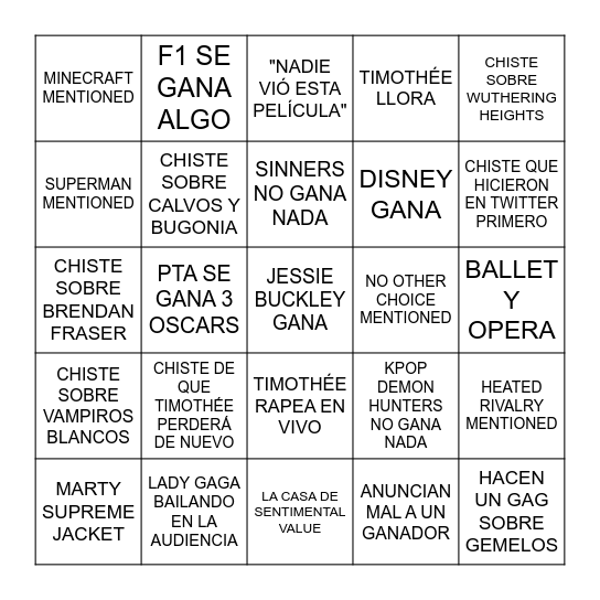 NLL OSCAR BINGO Card