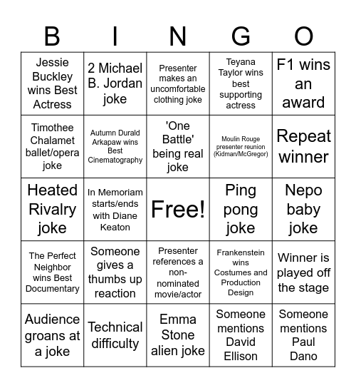 Oscar 2026 Bingo Card